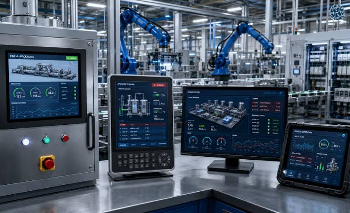 Varias pantallas HMI de línea de envasado, terminal de operador y supervisión remota en una planta automatizada